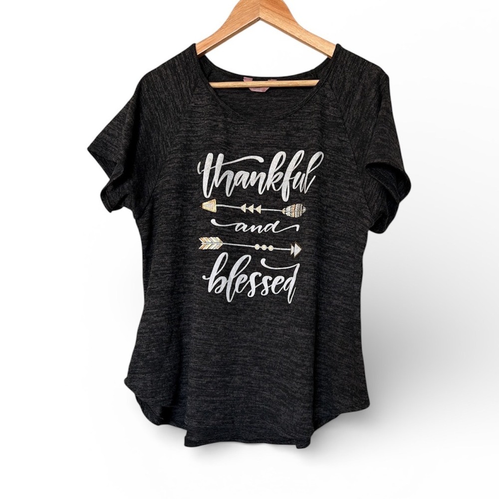SJS Women's 2X Graphic T-Shirt Thankful Blessed Short Sleeve Gray Heather